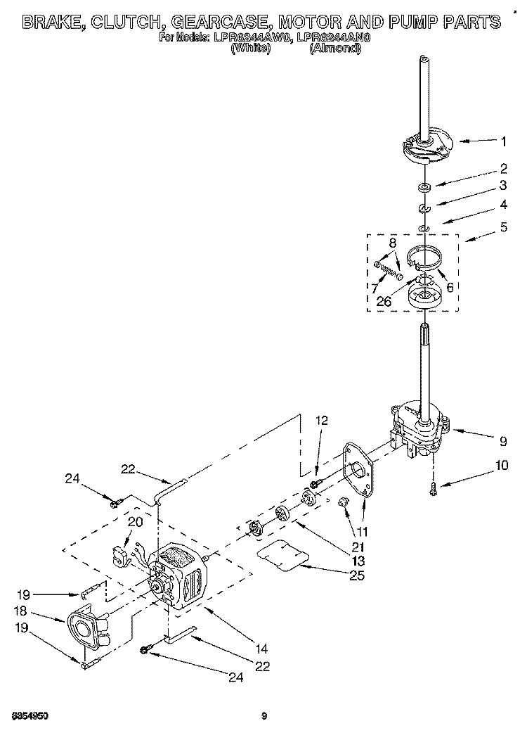 BRAKE, CLUTCH, GEARCASE, MOTOR AND PUMP Diagram and Parts List for LPR6244AW0  Whirlpool Washer
