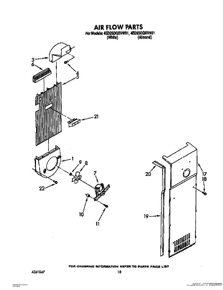 AIR FLOW Diagram and Parts List for 4ED25DQXVW01  Whirlpool Refrigerator