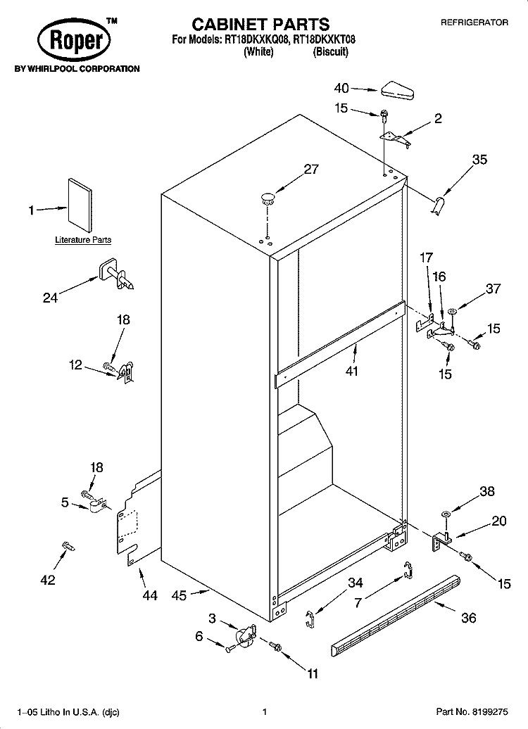 CABINET PARTS Diagram and Parts List for RT18DKXKQ08  Roper Refrigerator
