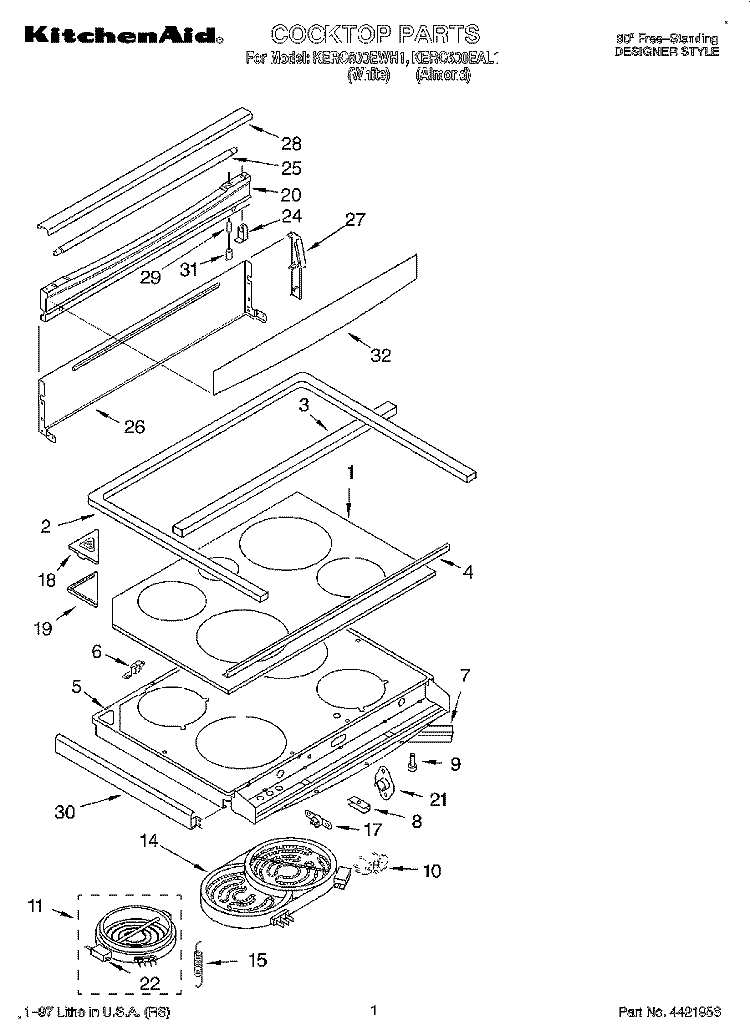COOKTOP Diagram and Parts List for KERC600EAL1  KitchenAid Range
