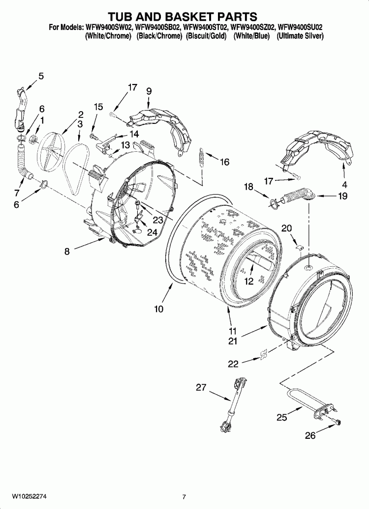 TUB AND BASKET PARTS Diagram and Parts List for WFW9400ST02  Whirlpool Washer