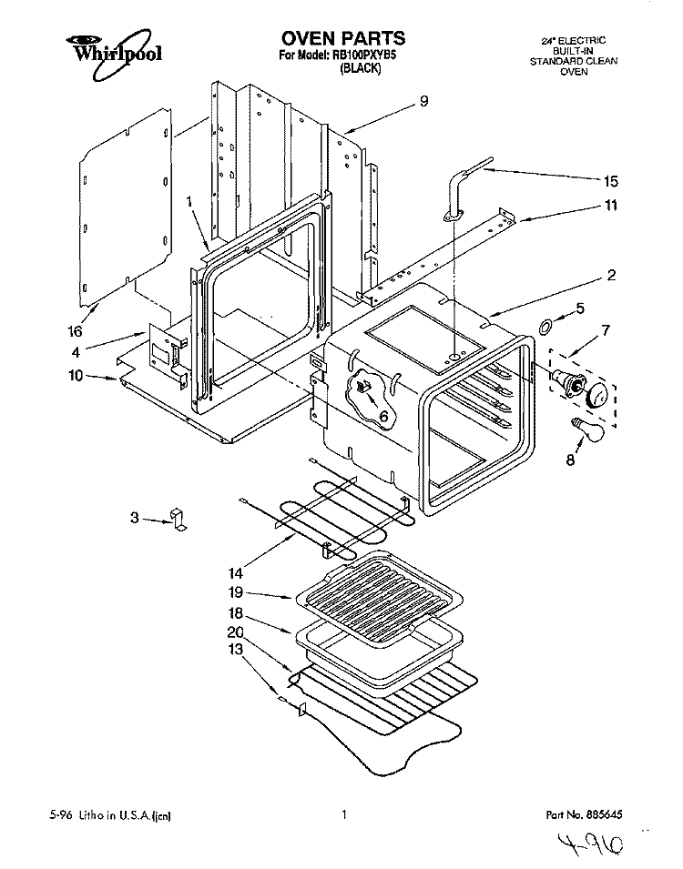 OVEN Diagram and Parts List for RB100PXYB5  Whirlpool Wall Oven