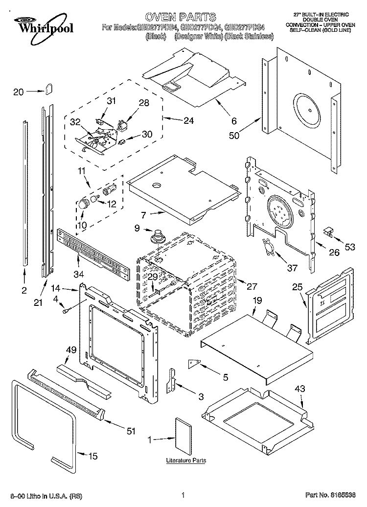 OVEN, LITERATURE Diagram and Parts List for GBD277PDS4  Whirlpool Wall Oven