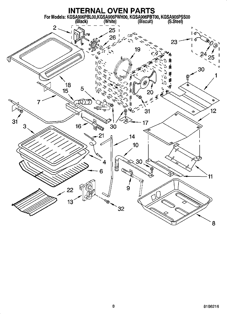 INTERNAL OVEN PARTS Diagram and Parts List for KGSA906PBL00  KitchenAid Range