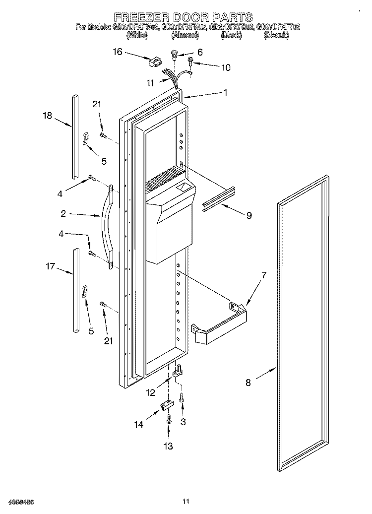 FREEZER DOOR Diagram and Parts List for GD27DFXFB02  Whirlpool Refrigerator