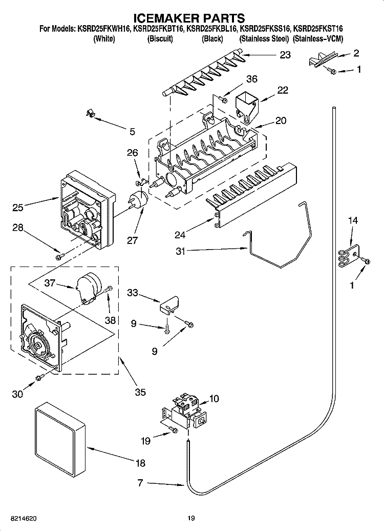 ICEMAKER PARTS, OPTIONAL PARTS Diagram and Parts List for KSRD25FKBT16  KitchenAid Refrigerator