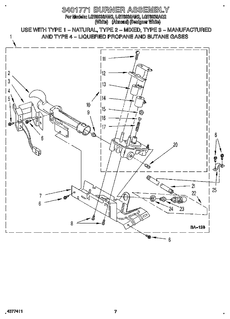 3401771 BURNER ASSEMBLY Diagram and Parts List for LGT6638AN2  Whirlpool Dryer