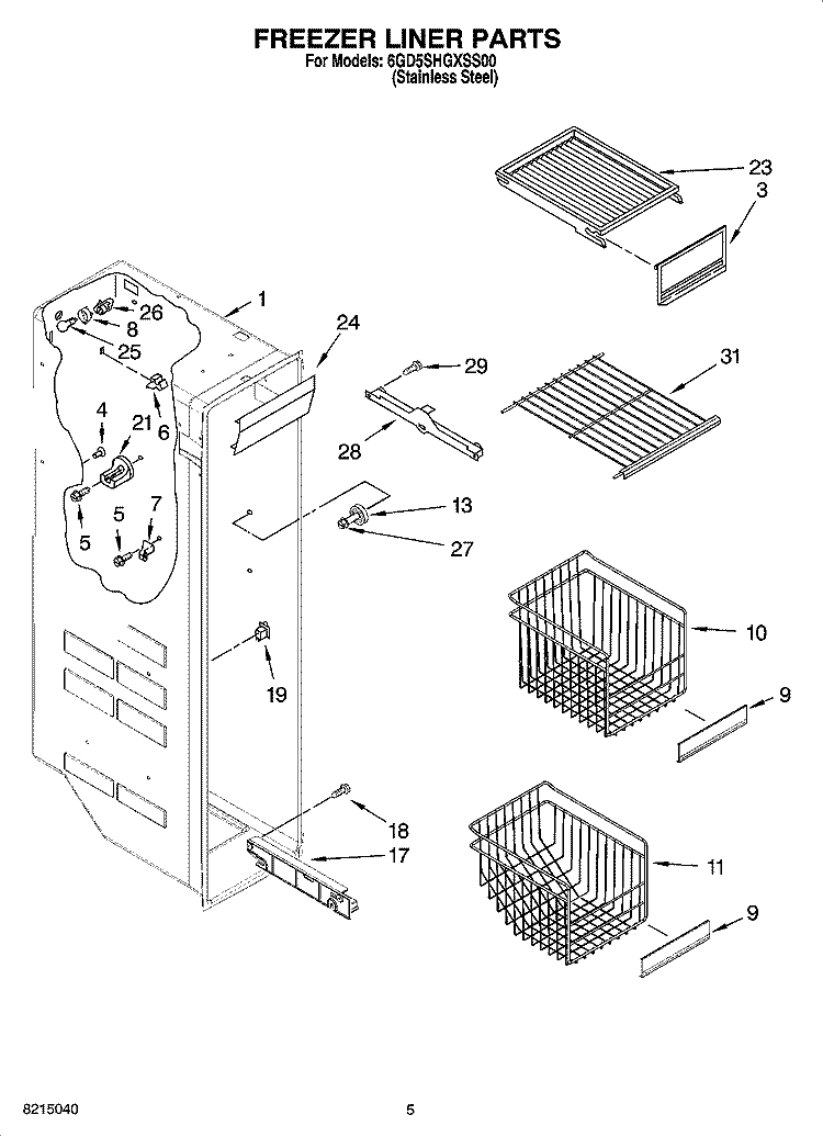 FREEZER LINER PARTS Diagram and Parts List for 6GD5SHGXSS00  Whirlpool Refrigerator