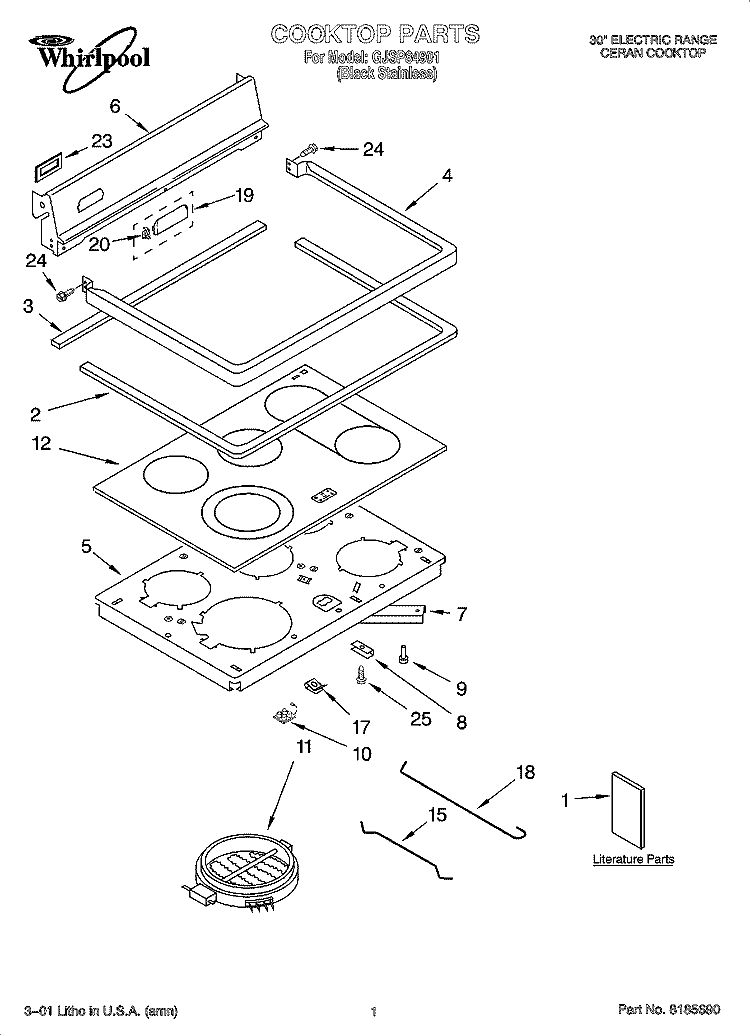 COOKTOP PARTS Diagram and Parts List for GJSP84901  Whirlpool Range