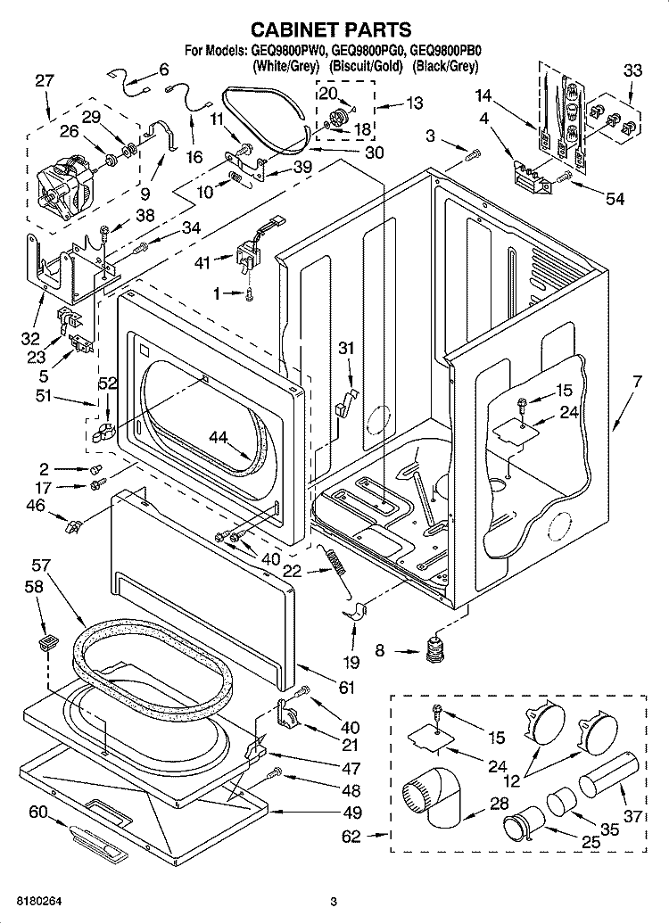 CABINET PARTS Diagram and Parts List for GEQ9800PB0  Whirlpool Dryer
