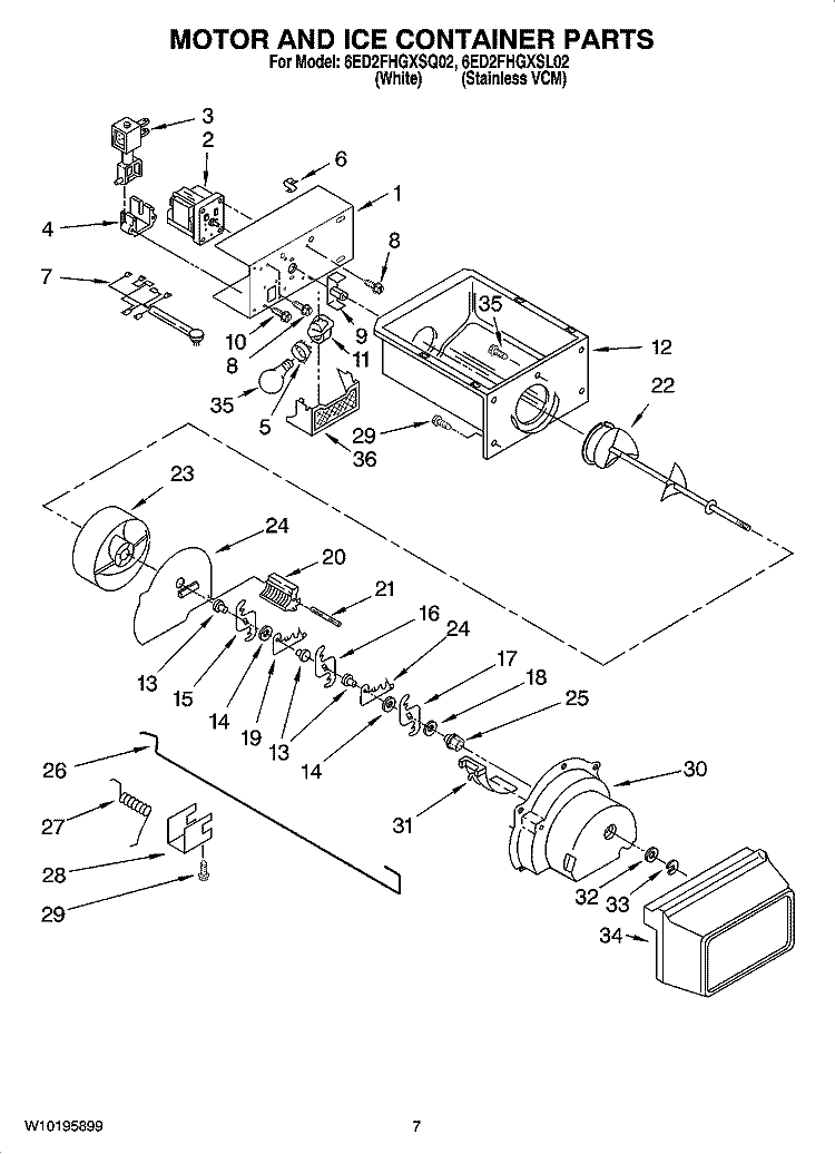 MOTOR AND ICE CONTAINER PARTS Diagram and Parts List for 6ED2FHGXSQ02  Whirlpool Refrigerator