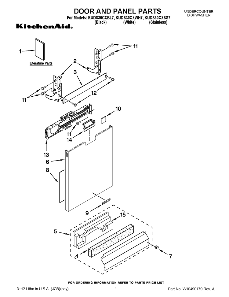 DOOR AND PANEL PARTS Diagram and Parts List for KUDS30CXSS7  KitchenAid Dishwasher