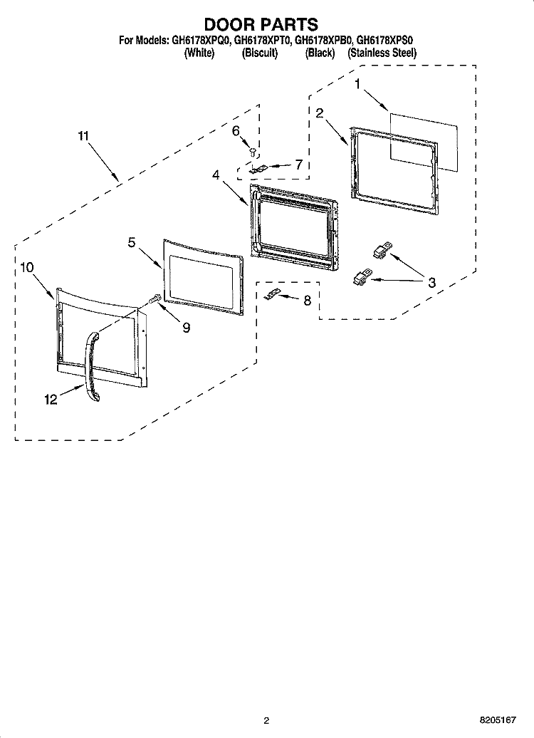 DOOR PARTS Diagram and Parts List for GH6178XPS0  Whirlpool Microwave