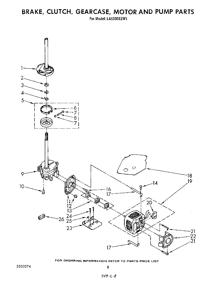 BRAKE, CLUTCH, GEARCASE, MOTOR AND PUMP Diagram and Parts List for LA5330XSW1  Whirlpool Washer