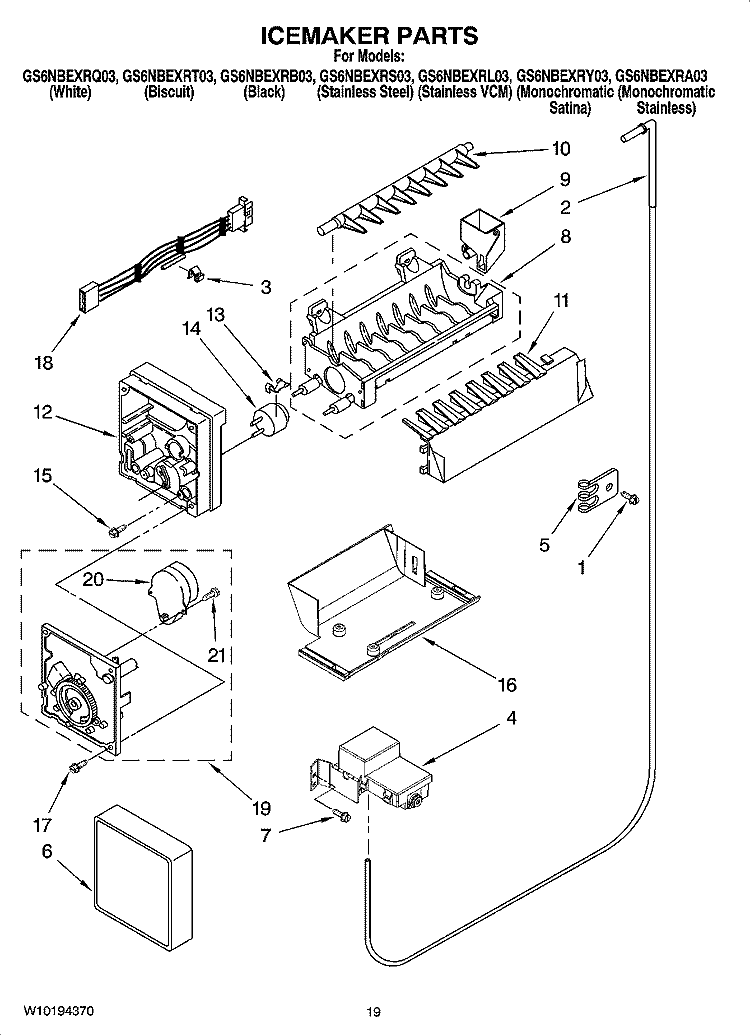 ICEMAKER PARTS, OPTIONAL PARTS (NOT INCLUDED) Diagram and Parts List for GS6NBEXRL03  Whirlpool Refrigerator