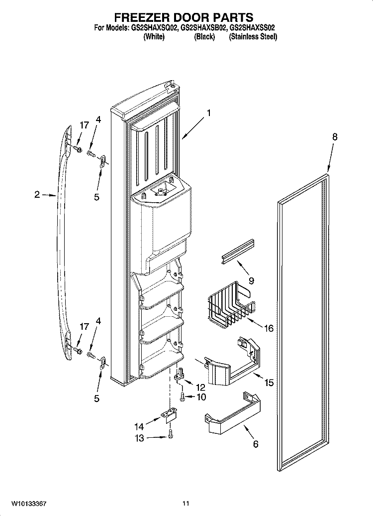 FREEZER DOOR PARTS Diagram and Parts List for GS2SHAXSQ02  Whirlpool Refrigerator
