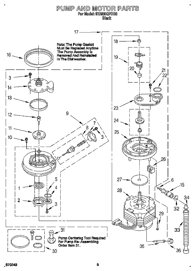 PUMP AND MOTOR Diagram and Parts List for DU980QPDB0  Whirlpool Dishwasher