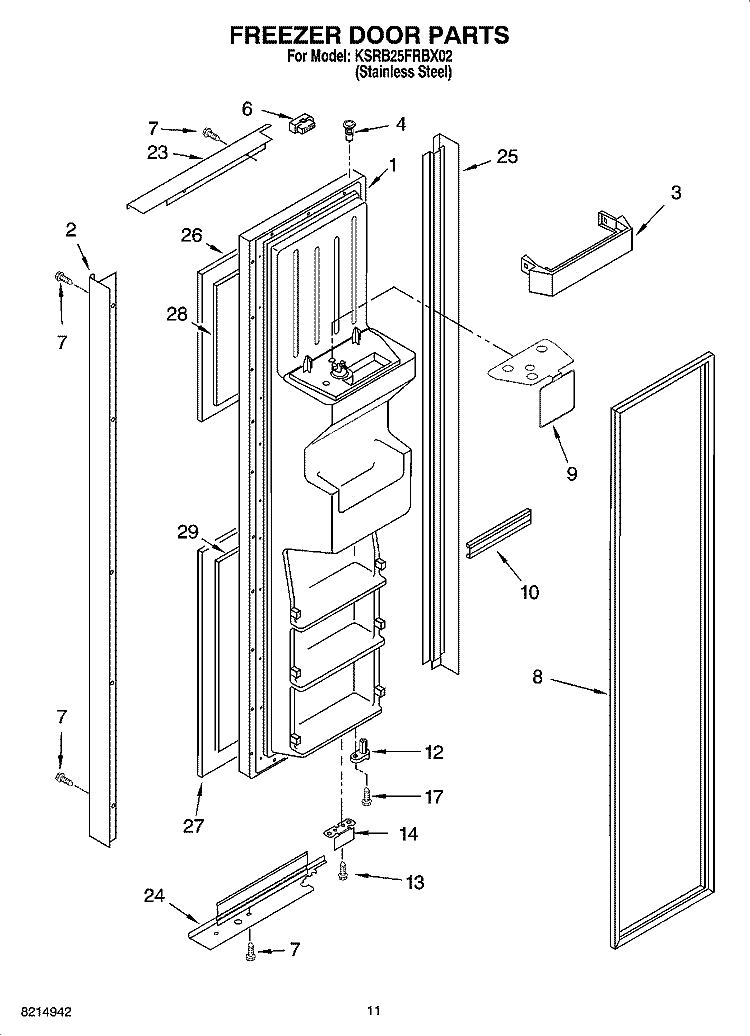 FREEZER DOOR PARTS Diagram and Parts List for KSRB25FRBX02  KitchenAid Refrigerator