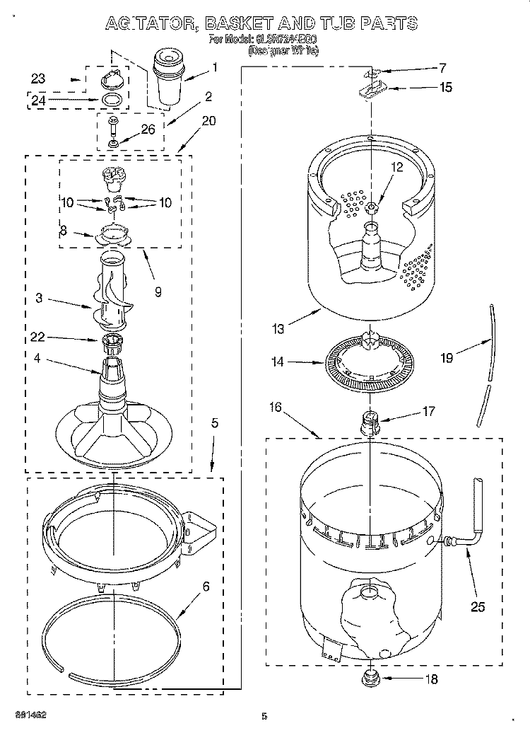 AGITATOR, BASKET AND TUB Diagram and Parts List for 6LSR7244EQ0  Whirlpool Washer