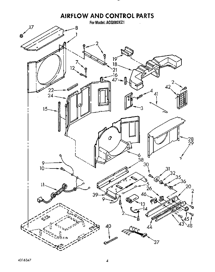 AIRFLOW AND CONTROL Diagram and Parts List for ACQ082XZ1  Whirlpool Air Conditioner