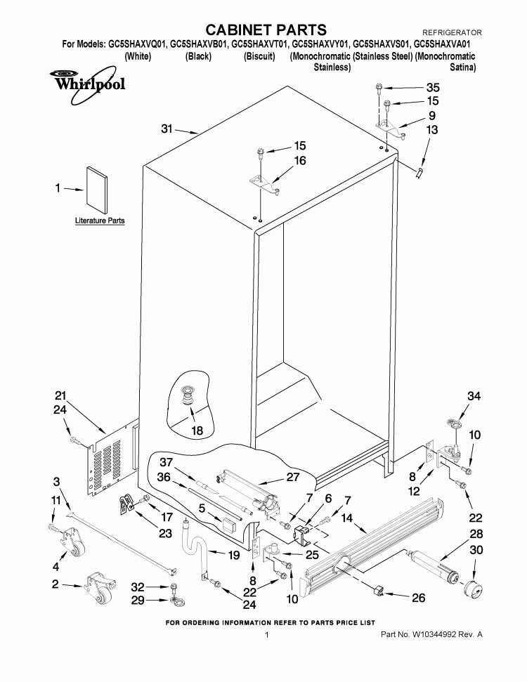 CABINET PARTS Diagram and Parts List for GC5SHAXVY01  Whirlpool Refrigerator