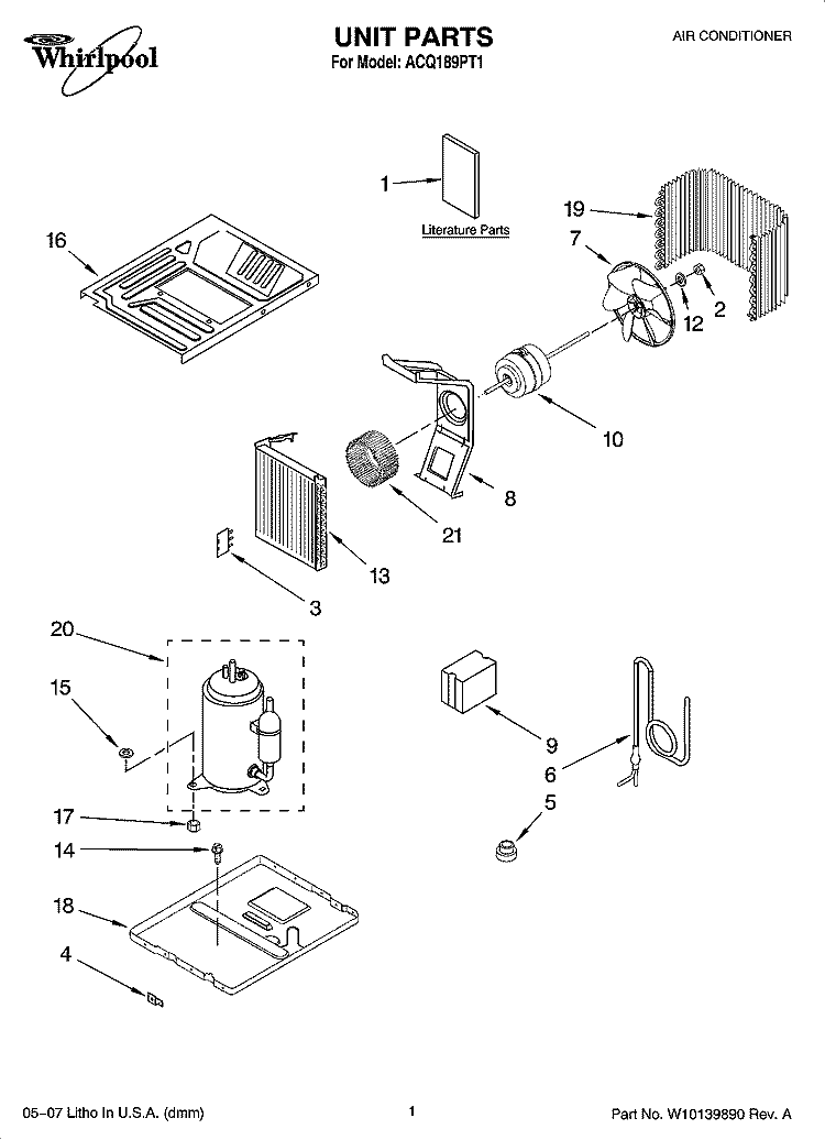 UNIT PARTS Diagram and Parts List for ACQ189PT1  Whirlpool Air Conditioner