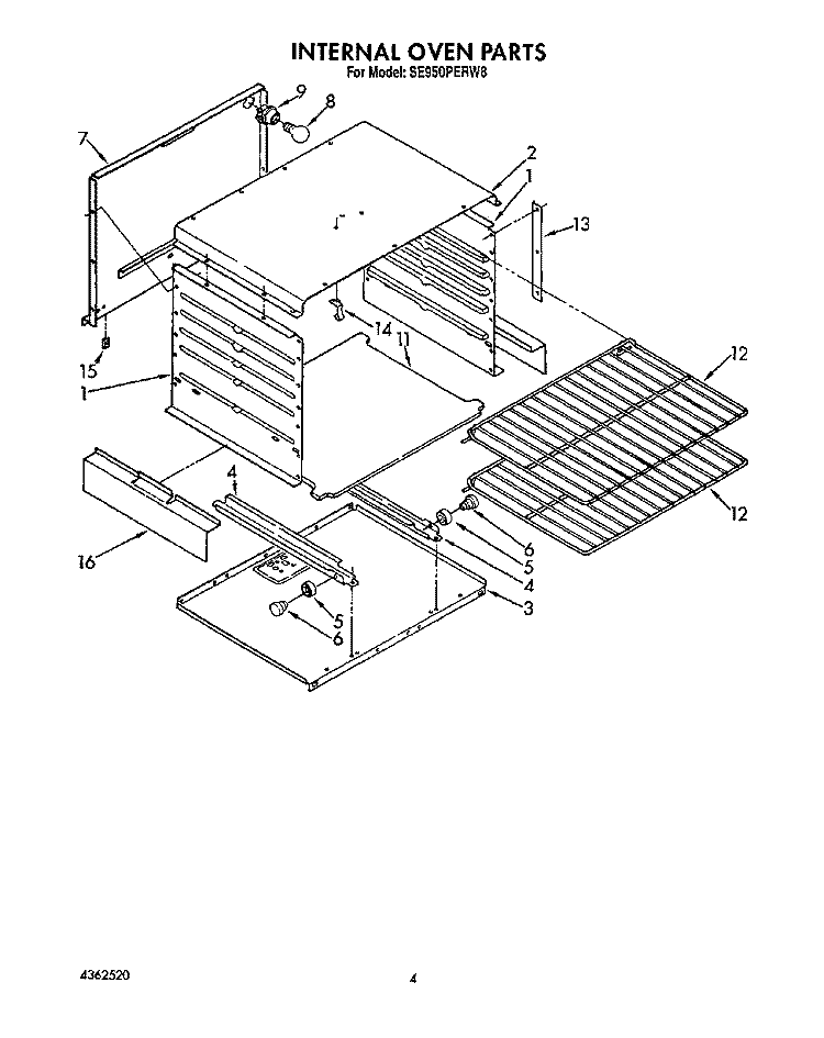 INTERNAL OVEN Diagram and Parts List for SE950PERW8  Whirlpool Range