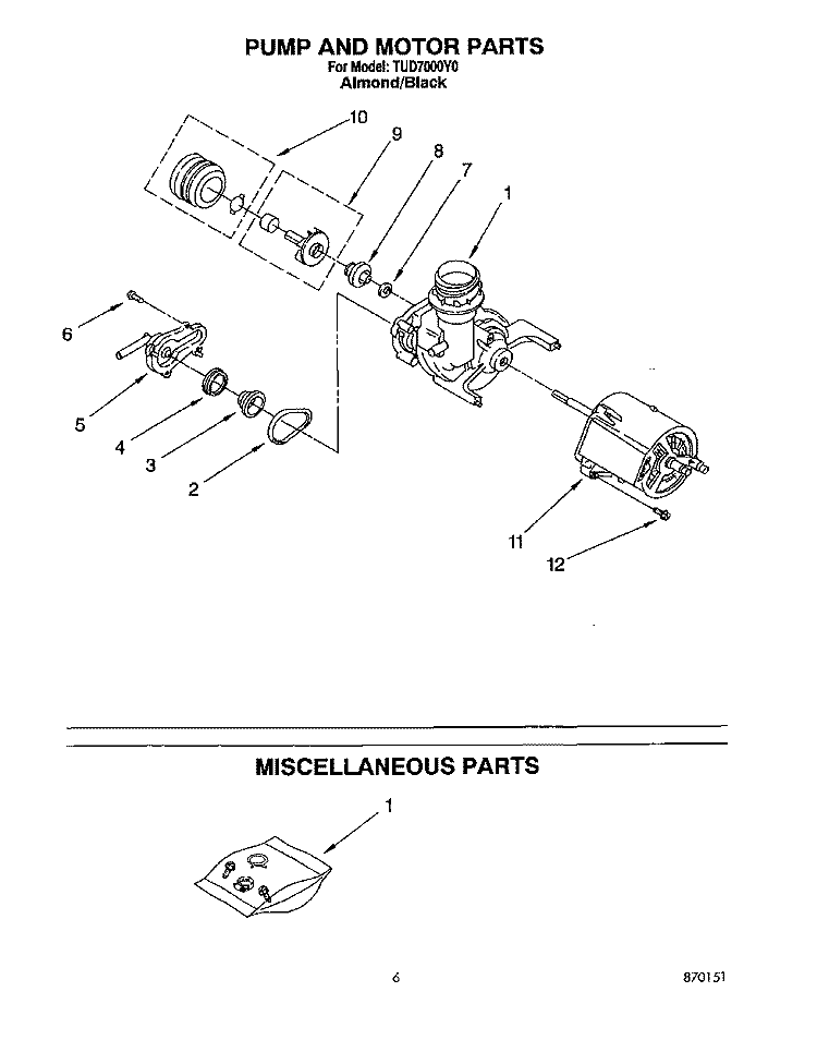 PUMP AND MOTOR, MISCELLANEOUS Diagram and Parts List for TUD7000Y0  Whirlpool Dishwasher