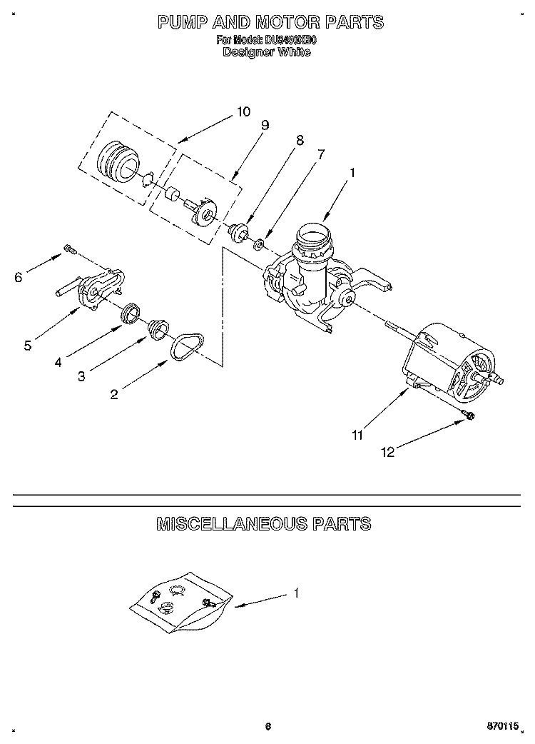 PUMP AND MOTOR, MISCELLANEOUS Diagram and Parts List for DU8450XB0  Whirlpool Dishwasher