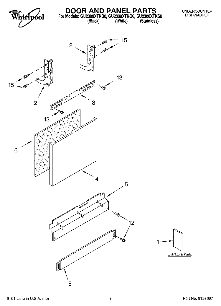 DOOR AND PANEL, LITERATURE Diagram and Parts List for GU2300XTKQ0  Whirlpool Dishwasher