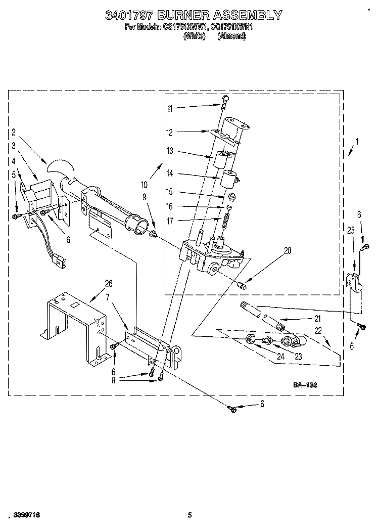 3401797 BURNER ASSEMBLY Diagram and Parts List for CG1751XWN1  Whirlpool Dryer
