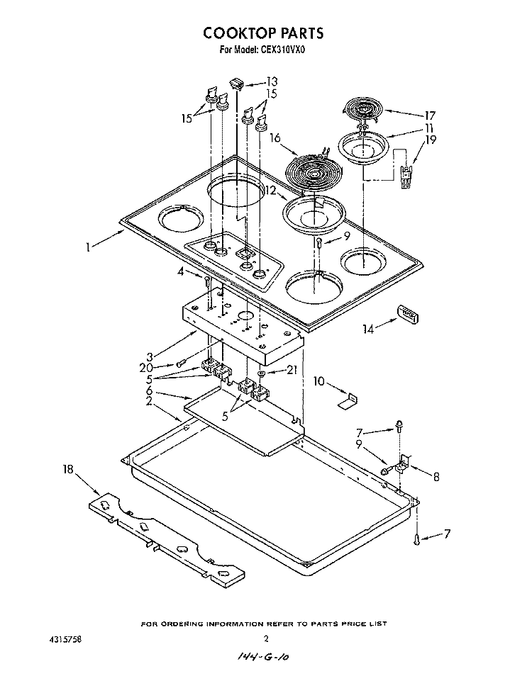 SECTION Diagram and Parts List for CEX310VX0  Roper Range