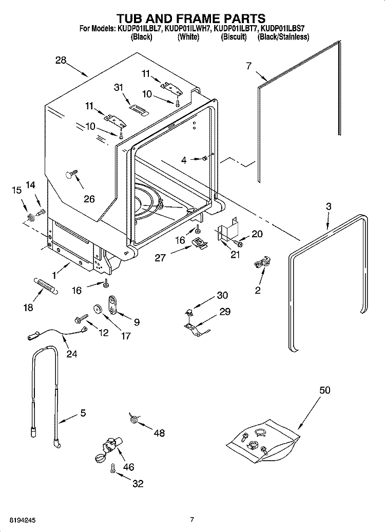 TUB AND FRAME PARTS Diagram and Parts List for KUDP01ILBT7  KitchenAid Dishwasher