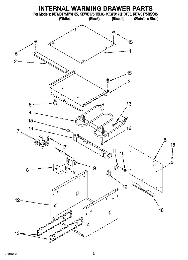 INTERNAL WARMING DRAWER PARTS Diagram and Parts List for KEWD175HBL05  KitchenAid Warming Drawer