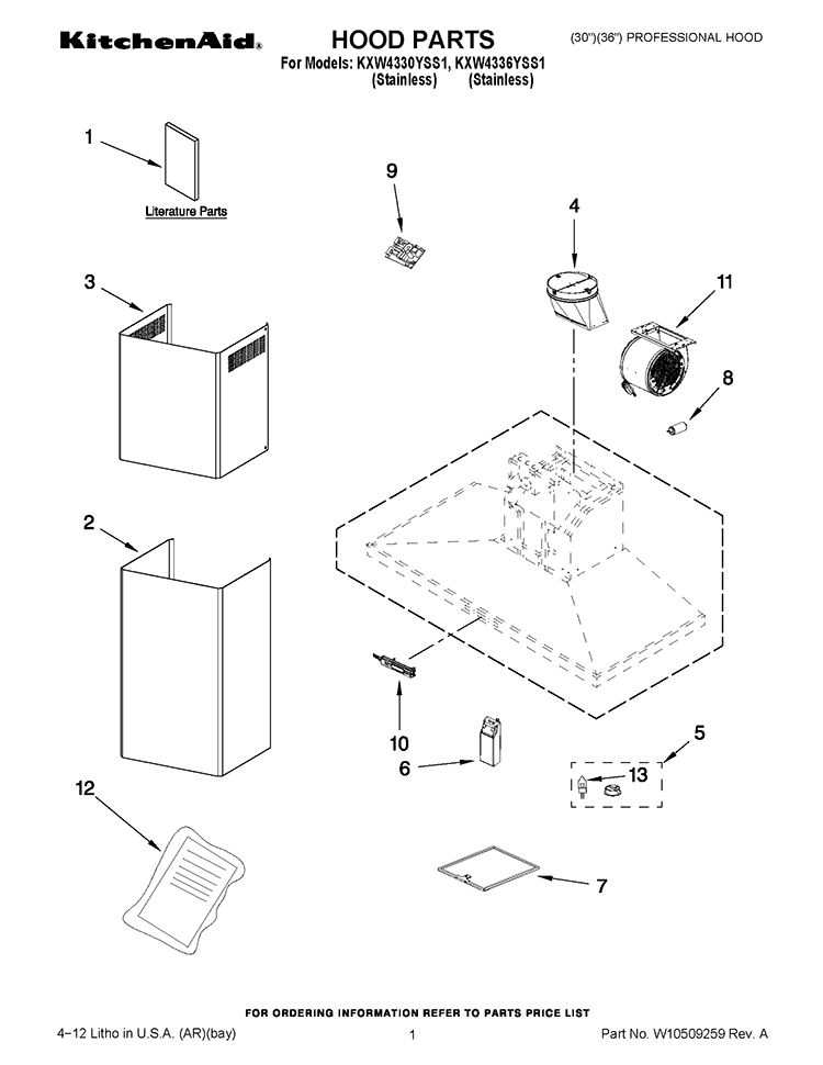 HOOD PARTS Diagram and Parts List for KXW4336YSS1  KitchenAid Range Hood