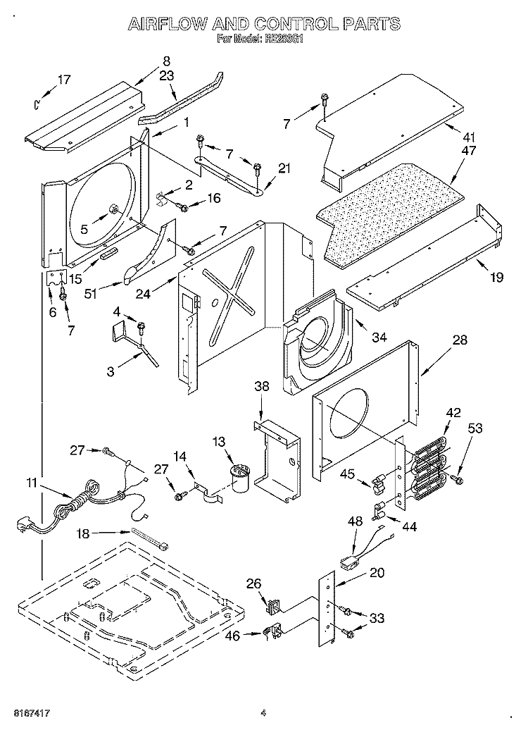 AIR FLOW AND CONTROL Diagram and Parts List for RE253G1  Whirlpool Air Conditioner