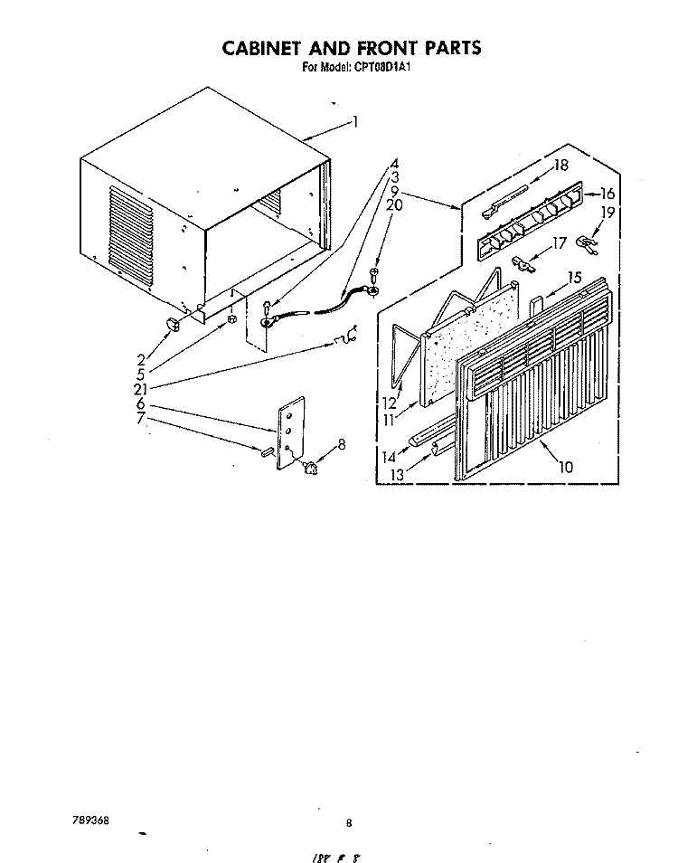 CABINET AND FRONT Diagram and Parts List for CPT08DA1A  Whirlpool Air Conditioner