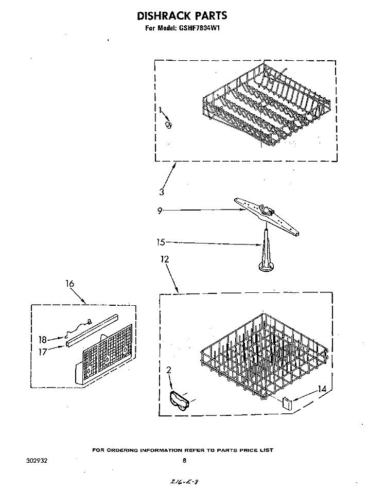 DISHRACK Diagram and Parts List for GSHF7804W1  Whirlpool Dishwasher
