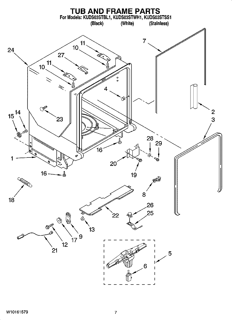 TUB AND FRAME PARTS Diagram and Parts List for KUDS03STWH1  KitchenAid Dishwasher