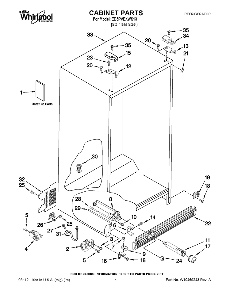 CABINET PARTS Diagram and Parts List for ED5PVEXWS13  Whirlpool Refrigerator