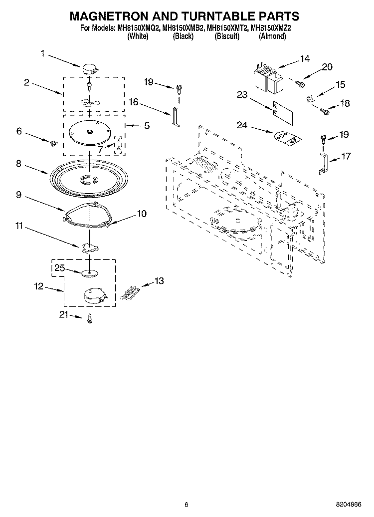MAGNETRON AND TURNTABLE PARTS Diagram and Parts List for MH8150XMT2  Whirlpool Microwave