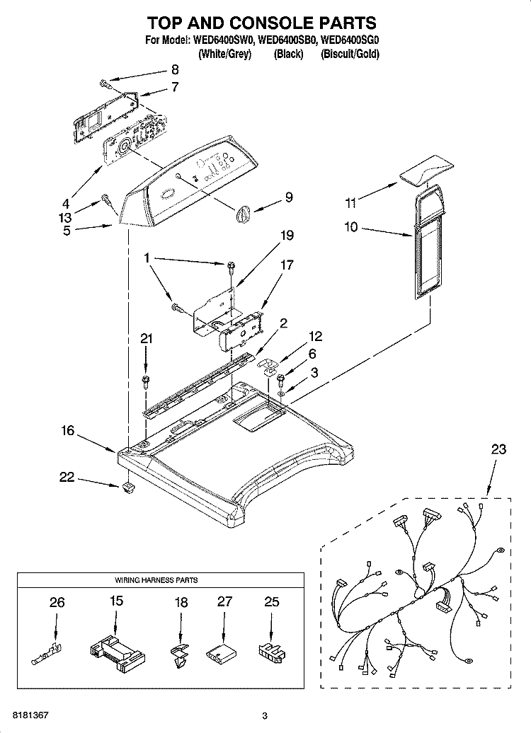 TOP AND CONSOLE PARTS Diagram and Parts List for WED6400SB0  Whirlpool Dryer