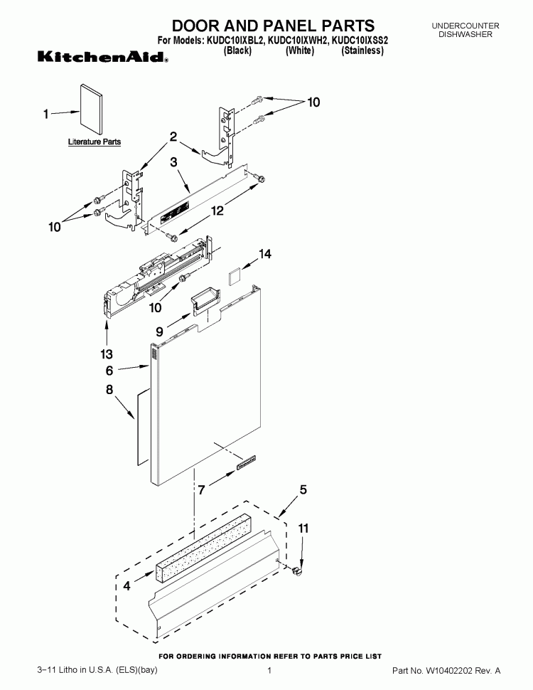 DOOR AND PANEL PARTS Diagram and Parts List for KUDC10IXWH2  KitchenAid Dishwasher