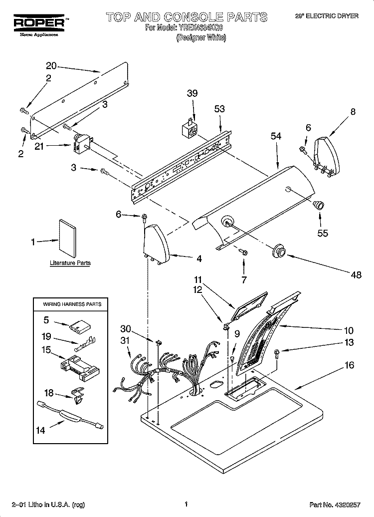 TOP AND CONSOLE PARTS Diagram and Parts List for YREX4634KQ0  Roper Dryer