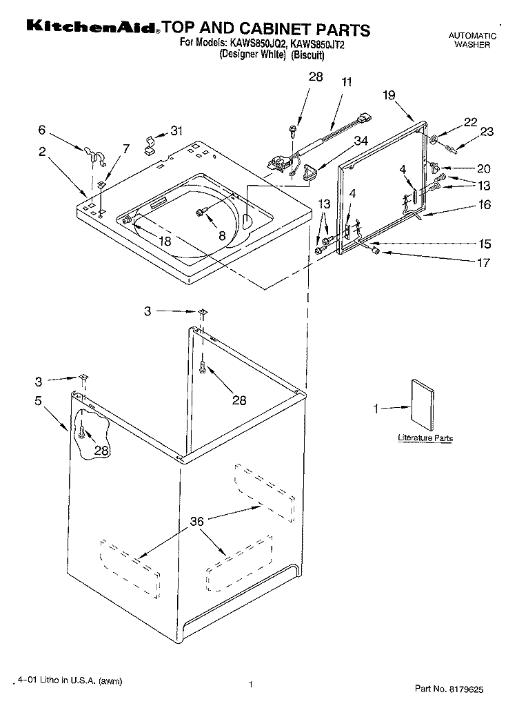 TOP AND CABINET, LITERATURE Diagram and Parts List for KAWS850JT2  KitchenAid Washer