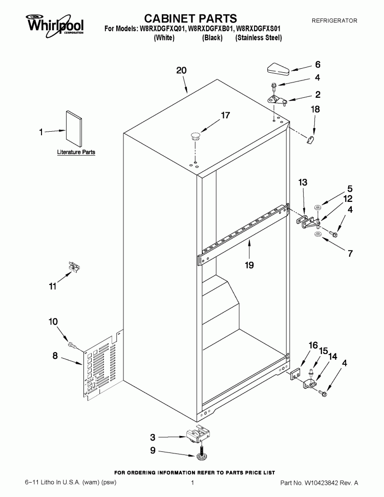 CABINET PARTS Diagram and Parts List for W8RXDGFXB01  Whirlpool Refrigerator