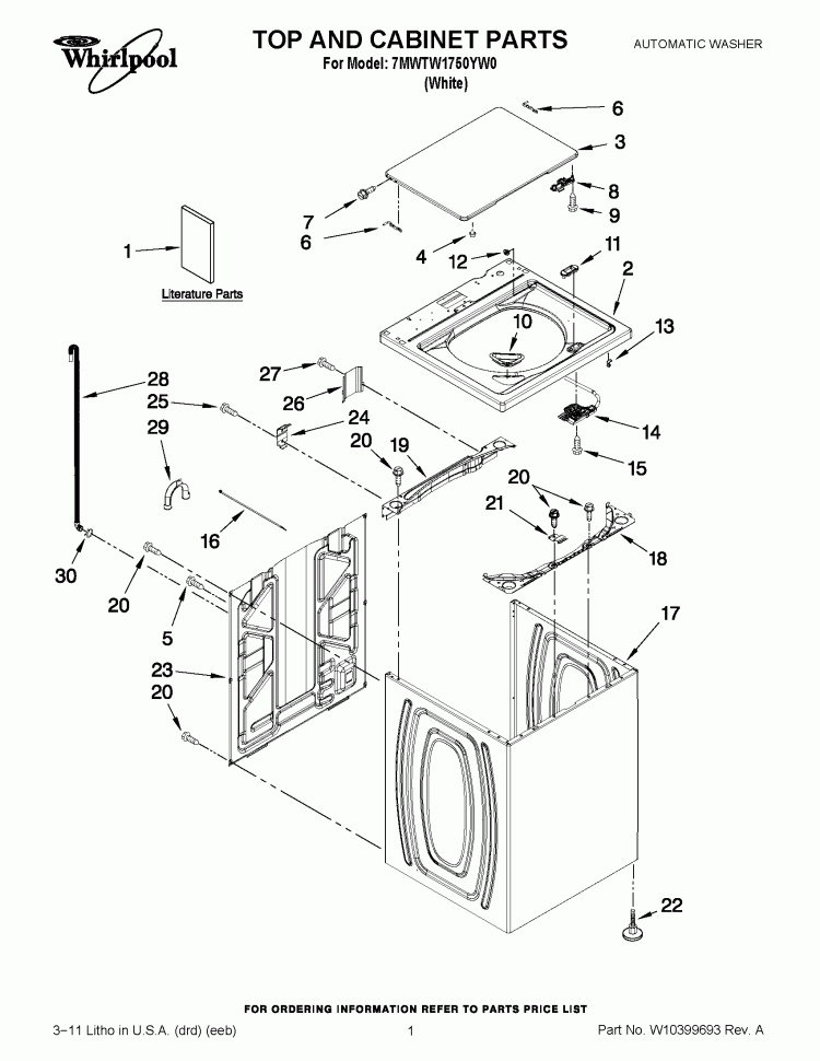 TOP AND CABINET PARTS Diagram and Parts List for 7MWTW1750YW0  Whirlpool Washer