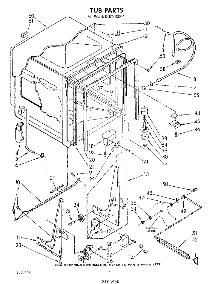 TUB , LITERATURE AND OPTIONAL Diagram and Parts List for DU7400XS1  Whirlpool Dishwasher