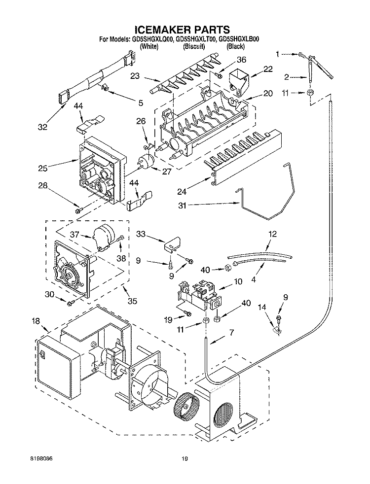 ICEMAKER Diagram and Parts List for GD5SHGXLT00  Whirlpool Refrigerator