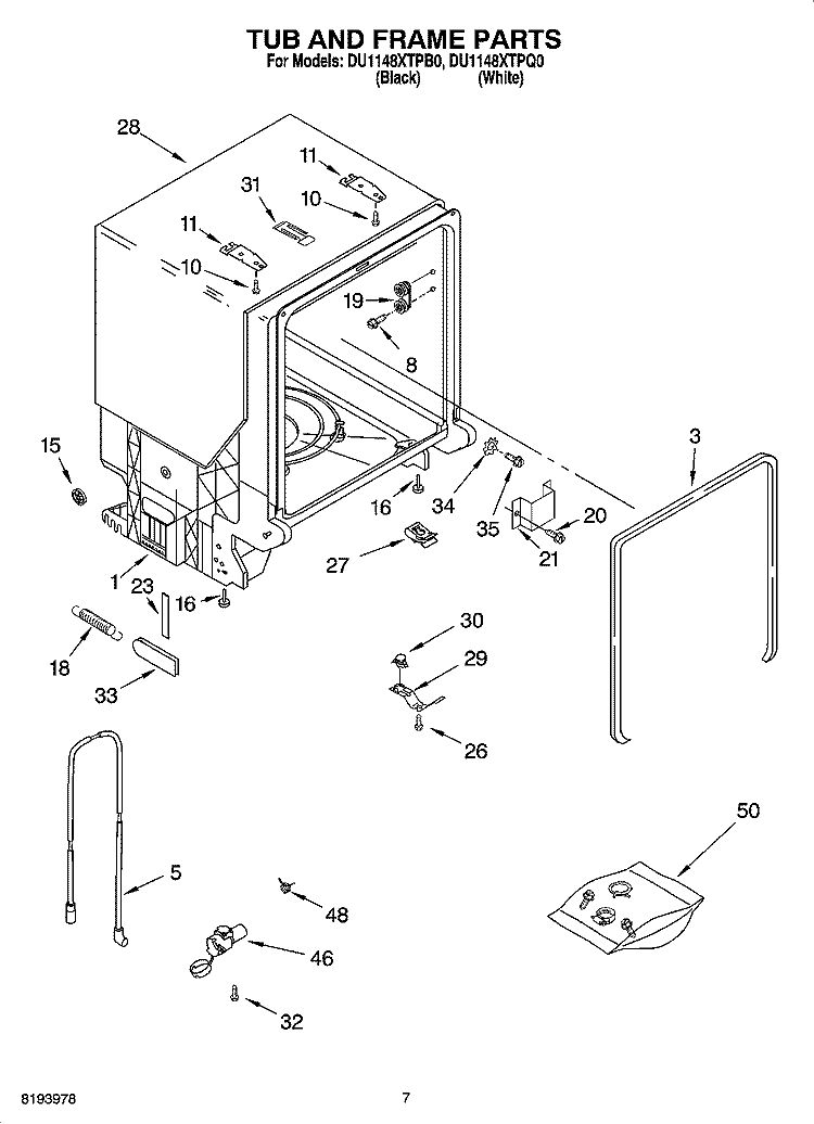 TUB AND FRAME PARTS Diagram and Parts List for DU1148XTPB0  Whirlpool Dishwasher